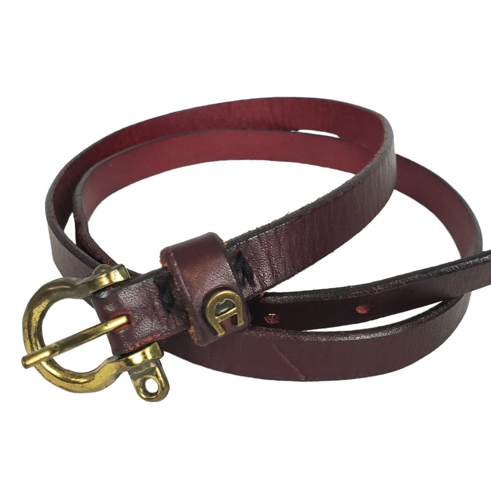 Vintage Etienne Aigner Genuine Leather Logo Belt Sz 32/M Oxblood Brown Brass Vtg